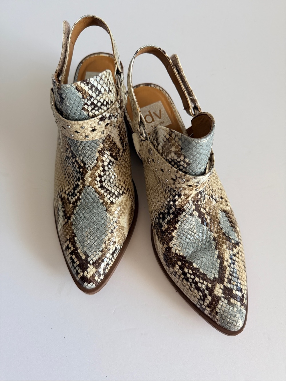 DV by Dolce Vita Beige and Light Blue Snake-Print Slingback Mules